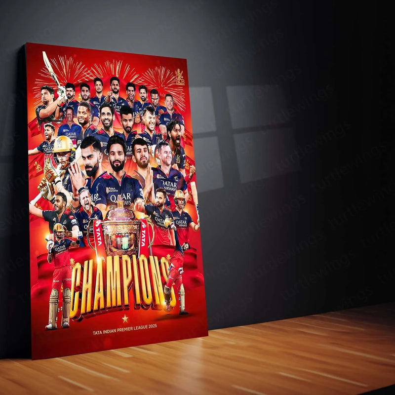 Cricket Metal Poster |🏆 RCB Wins IPL Trophy 2025 – Champion Celebration Metal Poster | Virat Kohli Led Victory Wall Art 06