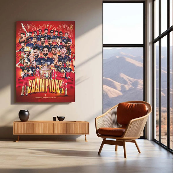 Cricket Metal Poster |🏆 RCB Wins IPL Trophy 2025 – Champion Celebration Metal Poster | Virat Kohli Led Victory Wall Art 06