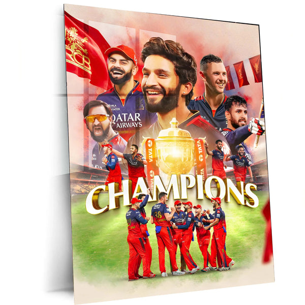 Cricket Metal Poster |🏆 RCB Wins IPL Trophy 2025 – Champion Celebration Metal Poster | Virat Kohli Led Victory Wall Art 07