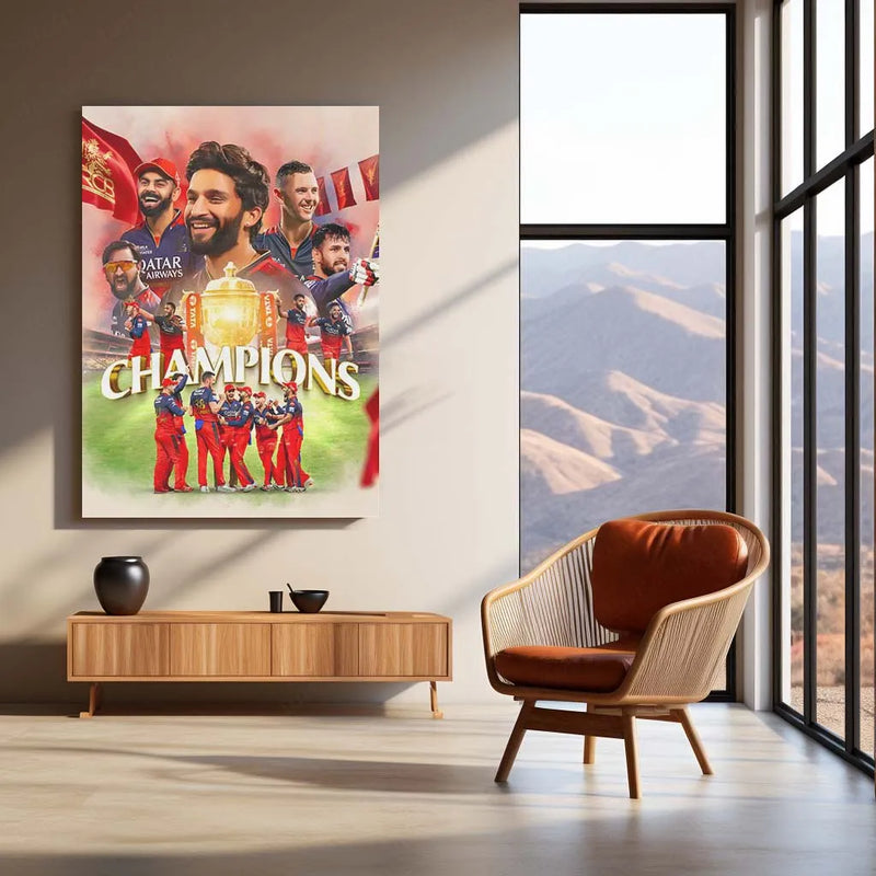 Cricket Metal Poster |🏆 RCB Wins IPL Trophy 2025 – Champion Celebration Metal Poster | Virat Kohli Led Victory Wall Art 07