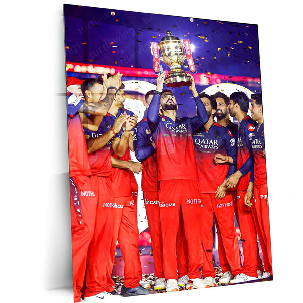 Cricket Metal Poster |🏆 RCB Wins IPL Trophy 2025 – Champion Celebration Metal Poster | Virat Kohli Led Victory Wall Art 08