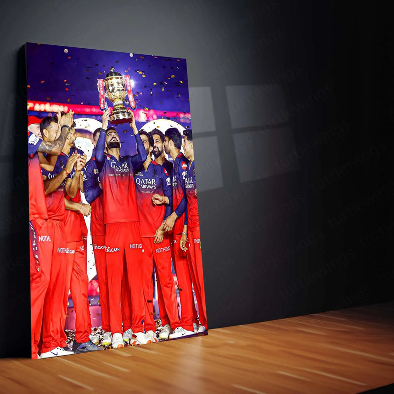 Cricket Metal Poster |🏆 RCB Wins IPL Trophy 2025 – Champion Celebration Metal Poster | Virat Kohli Led Victory Wall Art 08