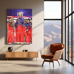 Cricket Metal Poster |🏆 RCB Wins IPL Trophy 2025 – Champion Celebration Metal Poster | Virat Kohli Led Victory Wall Art 08