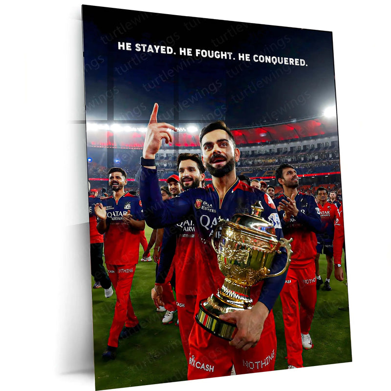 Cricket Metal Poster |🔥 Virat Kohli RCB Wins IPL Trophy 2025 – Historic Victory Metal Poster | Champion’s Wall Art