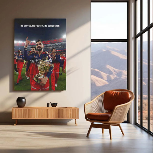 Cricket Metal Poster |🔥 Virat Kohli RCB Wins IPL Trophy 2025 – Historic Victory Metal Poster | Champion’s Wall Art