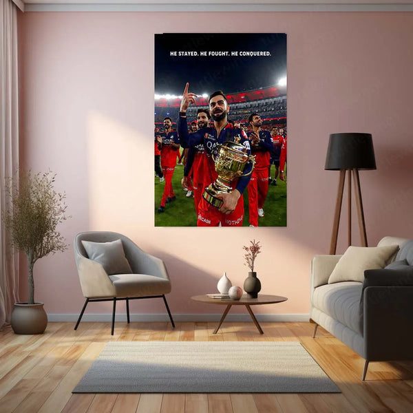 Cricket Metal Poster |🔥 Virat Kohli RCB Wins IPL Trophy 2025 – Historic Victory Metal Poster | Champion’s Wall Art