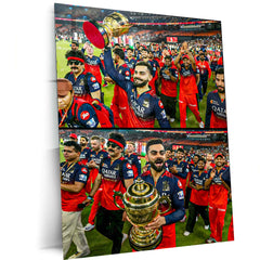 Cricket Metal Poster |🏆 RCB Wins IPL Trophy 2025 – Champion Celebration Metal Poster | Virat Kohli Led Victory Wall Art 09