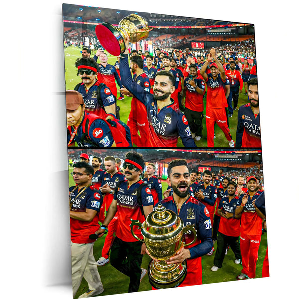 Cricket Metal Poster |🏆 RCB Wins IPL Trophy 2025 – Champion Celebration Metal Poster | Virat Kohli Led Victory Wall Art 09