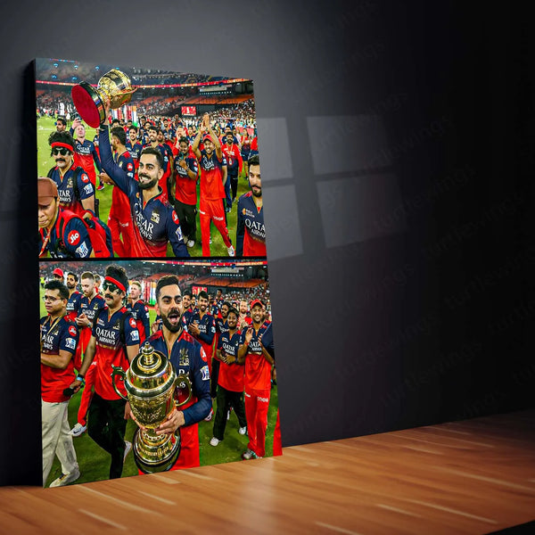 Cricket Metal Poster |🏆 RCB Wins IPL Trophy 2025 – Champion Celebration Metal Poster | Virat Kohli Led Victory Wall Art 09