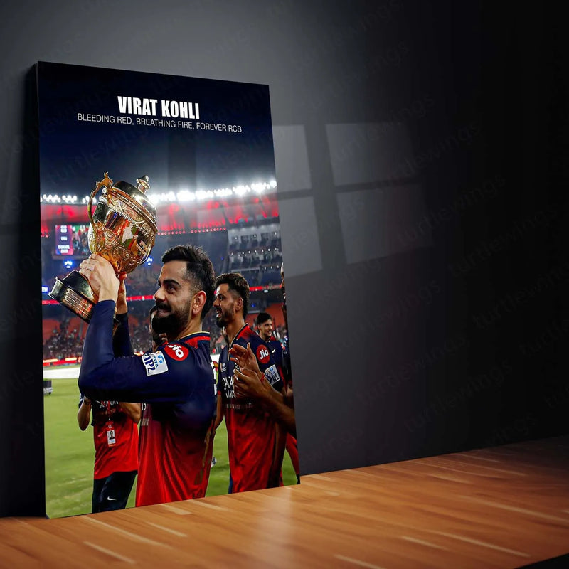Cricket Metal Poster |🔥 Virat Kohli RCB Wins IPL Trophy 2025 – Historic Victory Metal Poster | Champion’s Wall Art 01