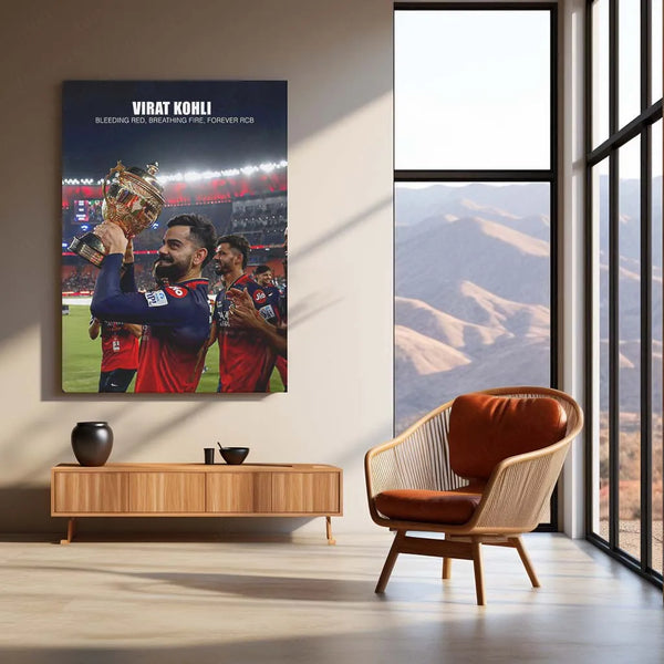Cricket Metal Poster |🔥 Virat Kohli RCB Wins IPL Trophy 2025 – Historic Victory Metal Poster | Champion’s Wall Art 01