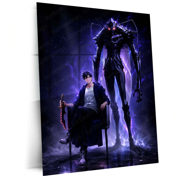 Anime Metal Poster | Sung Jin-Woo – Shadow Monarch Metal Poster Solo Leveling Inspired Wall Art | Dark Power Anime Metal Frame