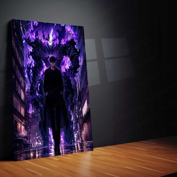 Anime Metal Poster | Sung Jin-Woo – Shadow Monarch Metal Poster Solo Leveling Inspired Wall Art | Dark Power Anime Metal Frame 01