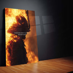 Quote Metal Poster | Burn It All Down Samurai Metal Print | Motivational Warrior Wall Art | Premium Fire Samurai Poster