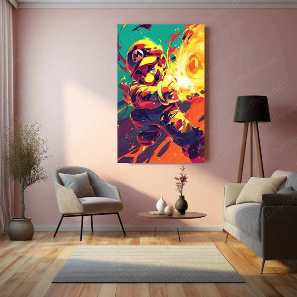 Mario Fireball Metal Poster – HD Attack Pose in Green & Yellow - TURTLEWINGS 