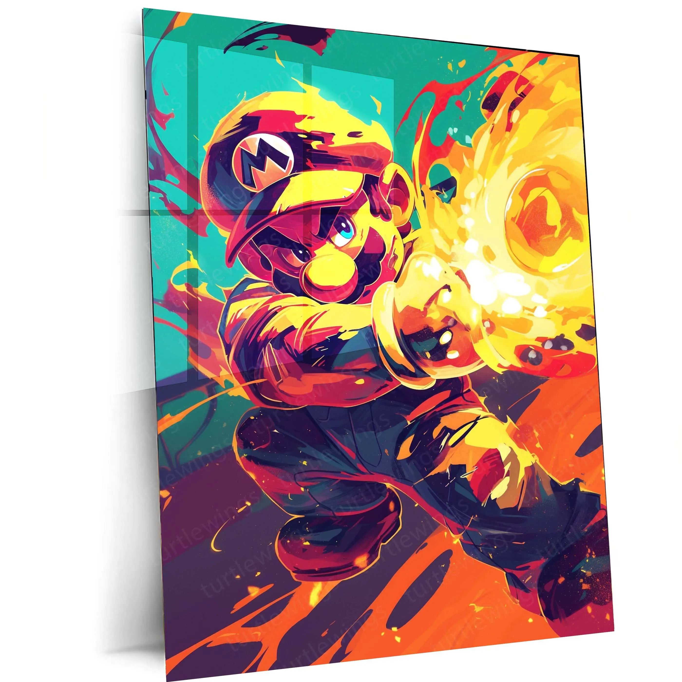 Mario Attacking Mario Fireball Metal Poster – HD Attack Pose in Green & Yellow ...
