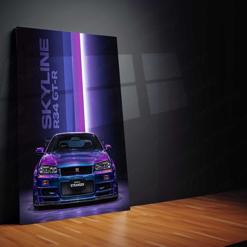 Car Metal Poster | Nissan Skyline R34 GT-R Neon Metal Poster | JDM Supercar Wall Art | Premium Aluminum Print