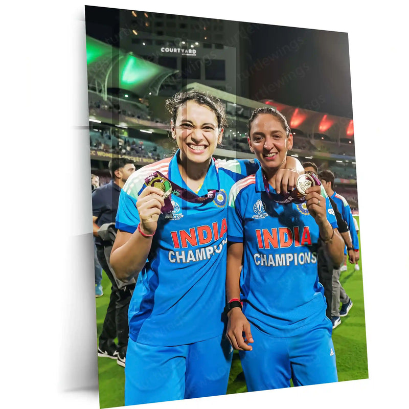Smriti Mandhana & Harmanpreet Kaur – ICC Women’s World Cup 2025 Champions Medal Moment | India Women’s Cricket Team Metal Frame Poster