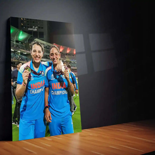 Smriti Mandhana & Harmanpreet Kaur – ICC Women’s World Cup 2025 Champions Medal Moment | India Women’s Cricket Team Metal Frame Poster