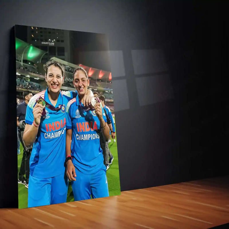 Smriti Mandhana & Harmanpreet Kaur – ICC Women’s World Cup 2025 Champions Medal Moment | India Women’s Cricket Team Metal Frame Poster