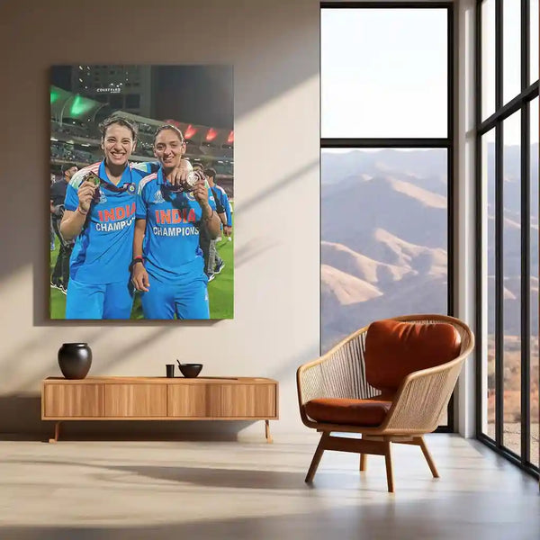 Smriti Mandhana & Harmanpreet Kaur – ICC Women’s World Cup 2025 Champions Medal Moment | India Women’s Cricket Team Metal Frame Poster