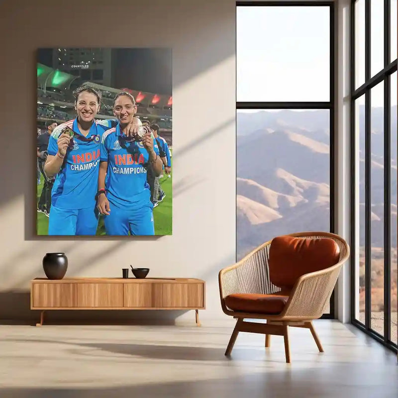 Smriti Mandhana & Harmanpreet Kaur – ICC Women’s World Cup 2025 Champions Medal Moment | India Women’s Cricket Team Metal Frame Poster