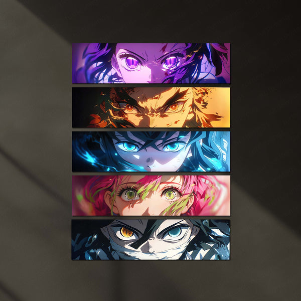 Demon Slayer Hashira Split Panel Metal Poster Set (5 Pieces – 400x100 mm Each) | Anime Wall Art | Multi-Character Split Design Decor
