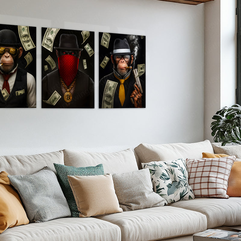 Bitcoin Brothers – Elite Hustler Monkey Metal Poster Set of 3 | Crypto King Wall Art | Luxury Money Décor Frames