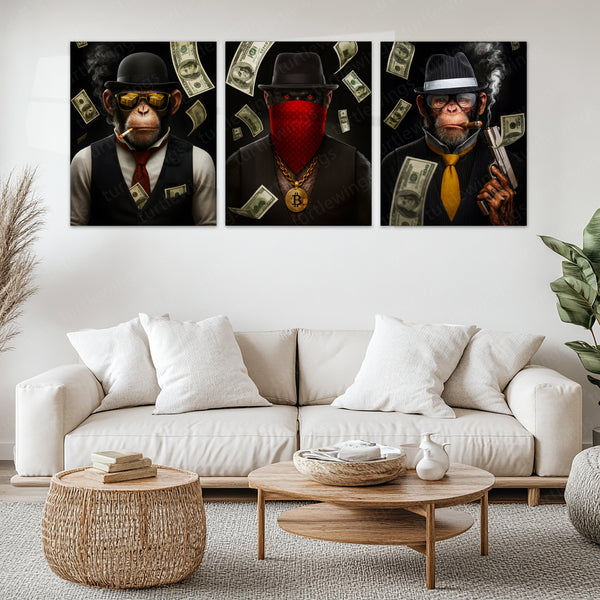 Bitcoin Brothers – Elite Hustler Monkey Metal Poster Set of 3 | Crypto King Wall Art | Luxury Money Décor Frames
