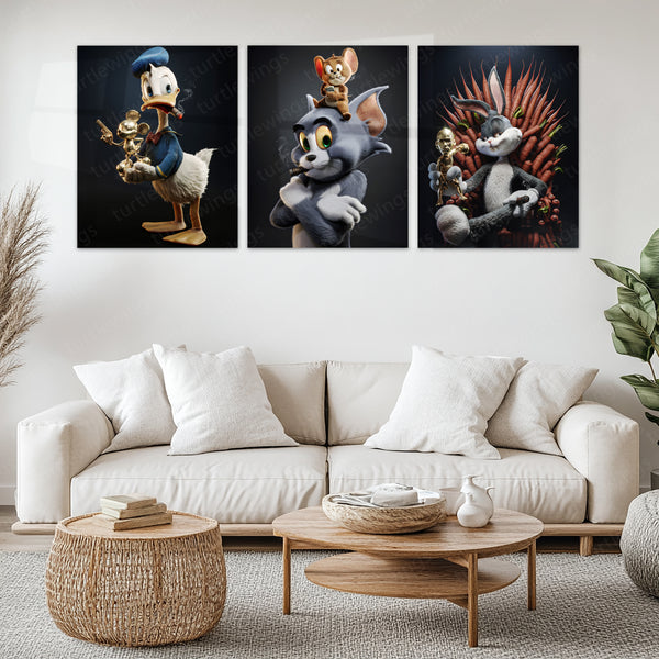 Golden Icons – Tom & Jerry × Donald Duck × Bugs Bunny Metal Poster Set of 3 | Classic Cartoon Legends | Luxury Pop Art Frames