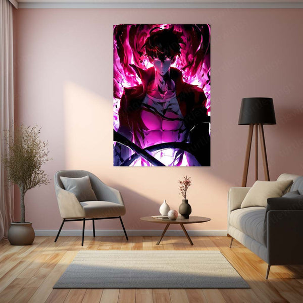 Sung Jin-Woo Red Edition – Solo Leveling Metal Poster | Shadow Monarch Rage Wall Frame