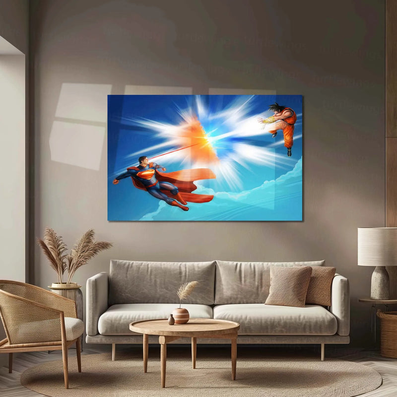 Anime Metal Poster | Superman vs Goku – Repulsor Power Clash | Ultimate Crossover Metal Frame | Anime × DC Wall Art - TURTLEWINGS 