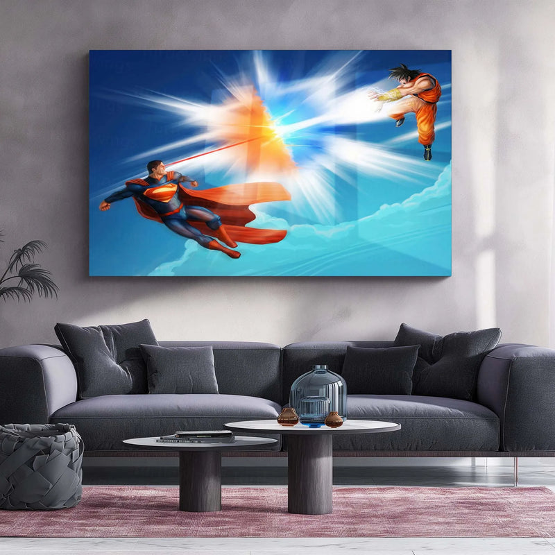 Anime Metal Poster | Superman vs Goku – Repulsor Power Clash | Ultimate Crossover Metal Frame | Anime × DC Wall Art - TURTLEWINGS 