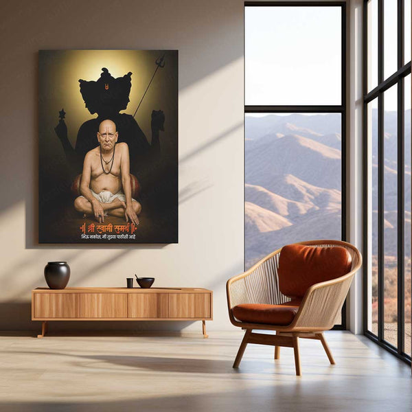 Spiritual Metal Poster | Shree Swami Samarth with Datta Guru Background | Devotional Wall Frame