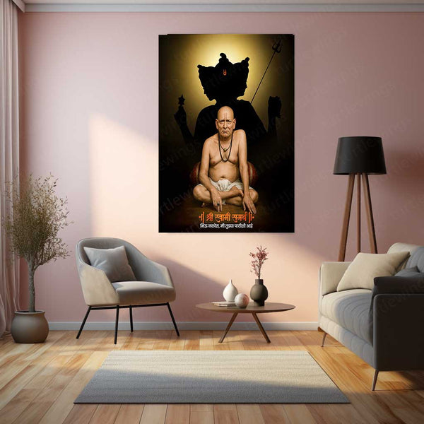 Spiritual Metal Poster | Shree Swami Samarth with Datta Guru Background | Devotional Wall Frame