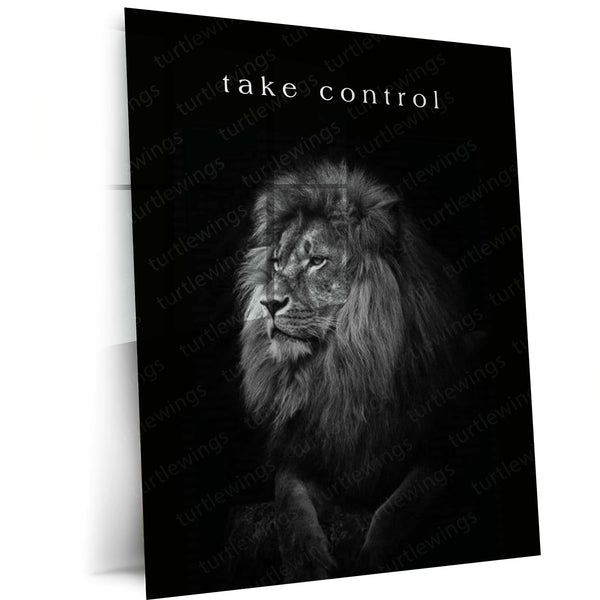 Quote Metal Poster | Take Control Motivational Metal Poster | Lion Leadership, Power & Self Discipline Wall Art | Black &