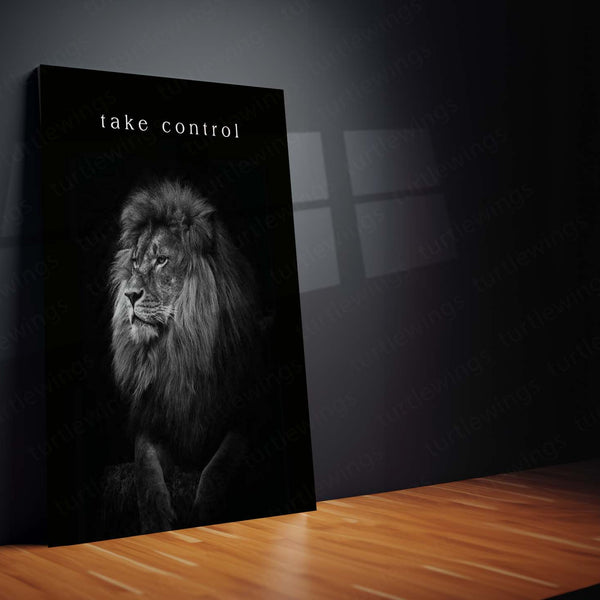 Quote Metal Poster | Take Control Motivational Metal Poster | Lion Leadership, Power & Self Discipline Wall Art | Black &