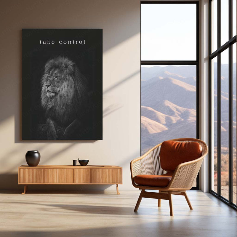 Quote Metal Poster | Take Control Motivational Metal Poster | Lion Leadership, Power & Self Discipline Wall Art | Black &