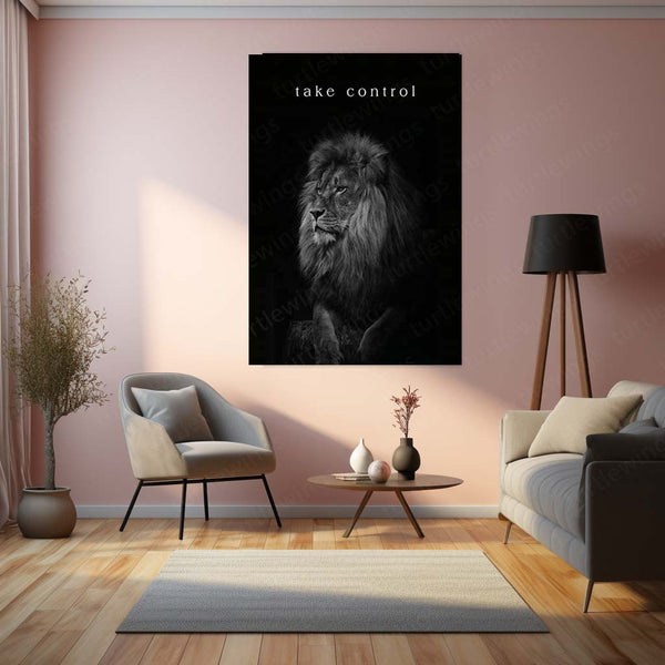 Quote Metal Poster | Take Control Motivational Metal Poster | Lion Leadership, Power & Self Discipline Wall Art | Black &