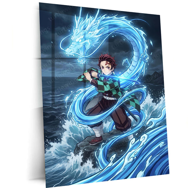 Anime Metal Poster | Tanjiro Kamado Water Dragon Metal Poster | Demon Slayer Anime Wall Art | Premium Aluminum Print