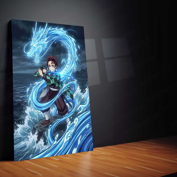 Anime Metal Poster | Tanjiro Kamado Water Dragon Metal Poster | Demon Slayer Anime Wall Art | Premium Aluminum Print