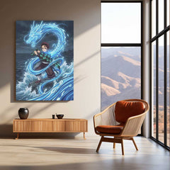 Anime Metal Poster | Tanjiro Kamado Water Dragon Metal Poster | Demon Slayer Anime Wall Art | Premium Aluminum Print