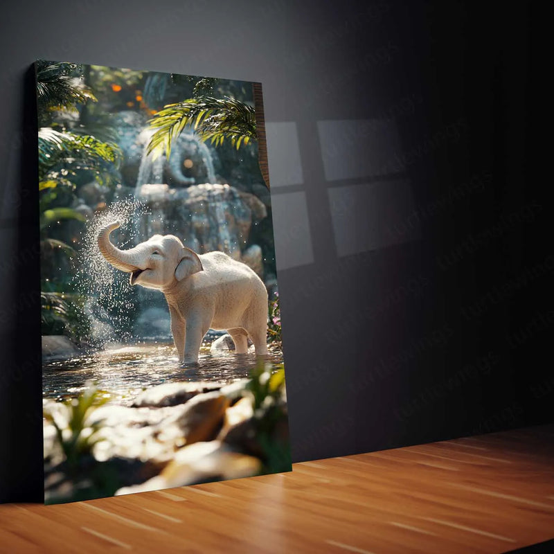 White Elephant Sprinkling Water Metal Poster | Aesthetic Nature-Inspired Wall Art | Symbol of Peace & Purity - TURTLEWINGS 