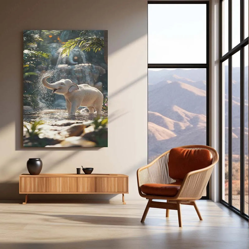 White Elephant Sprinkling Water Metal Poster | Aesthetic Nature-Inspired Wall Art | Symbol of Peace & Purity - TURTLEWINGS 