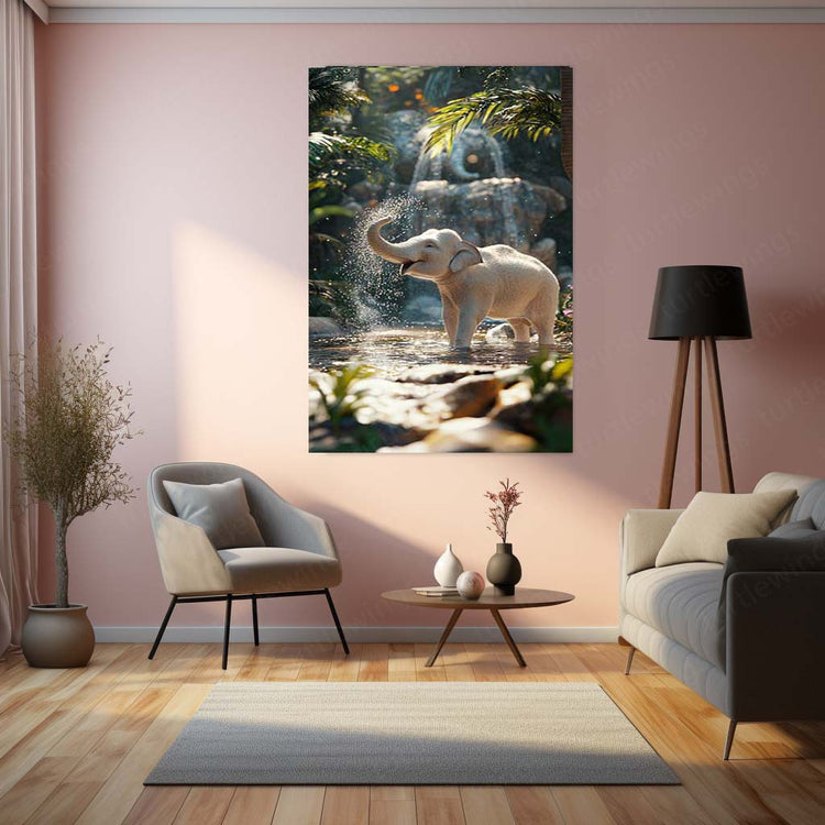White Elephant Sprinkling Water Metal Poster | Aesthetic Nature-Inspired Wall Art | Symbol of Peace & Purity