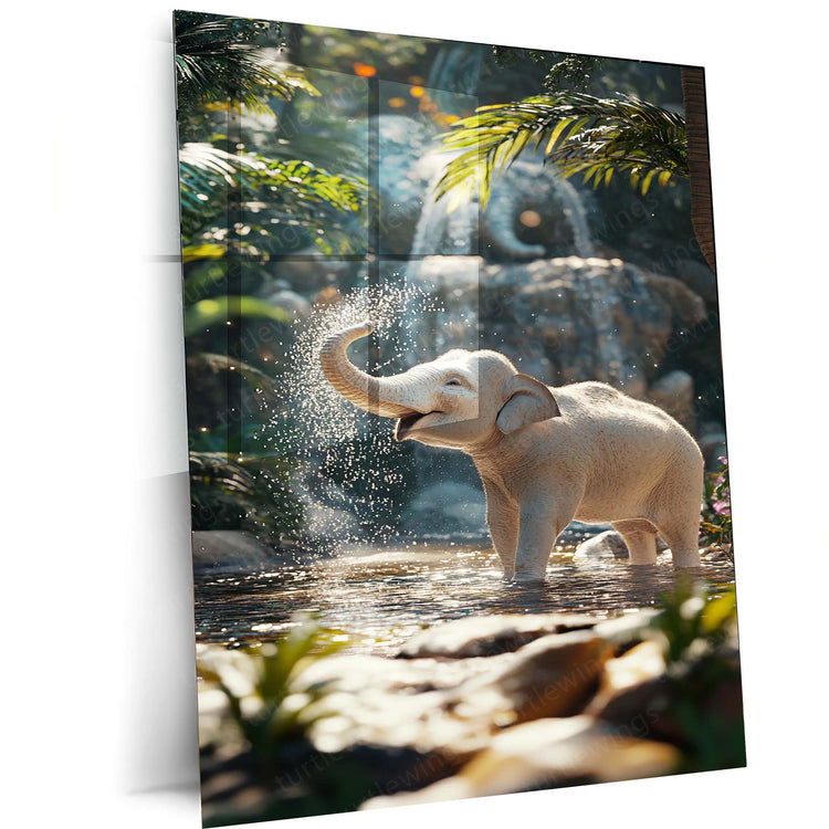 White Elephant Sprinkling Water Metal Poster | Aesthetic Nature-Inspired Wall Art | Symbol of Peace & Purity