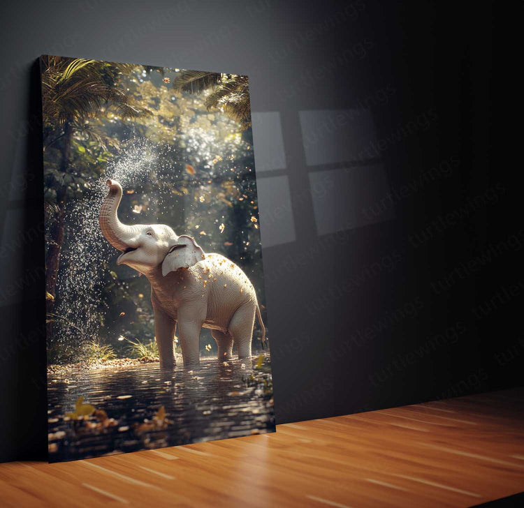 White Elephant Sprinkling Water Metal Poster | Aesthetic Nature-Inspired Wall Art | Symbol of Peace & Purity 01