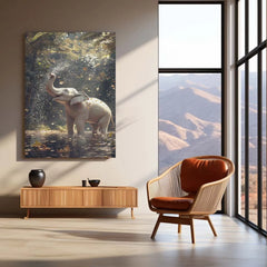 White Elephant Sprinkling Water Metal Poster | Aesthetic Nature-Inspired Wall Art | Symbol of Peace & Purity 01 - TURTLEWINGS 