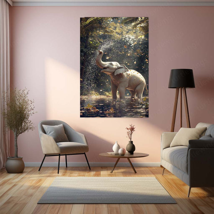 White Elephant Sprinkling Water Metal Poster | Aesthetic Nature-Inspired Wall Art | Symbol of Peace & Purity 01