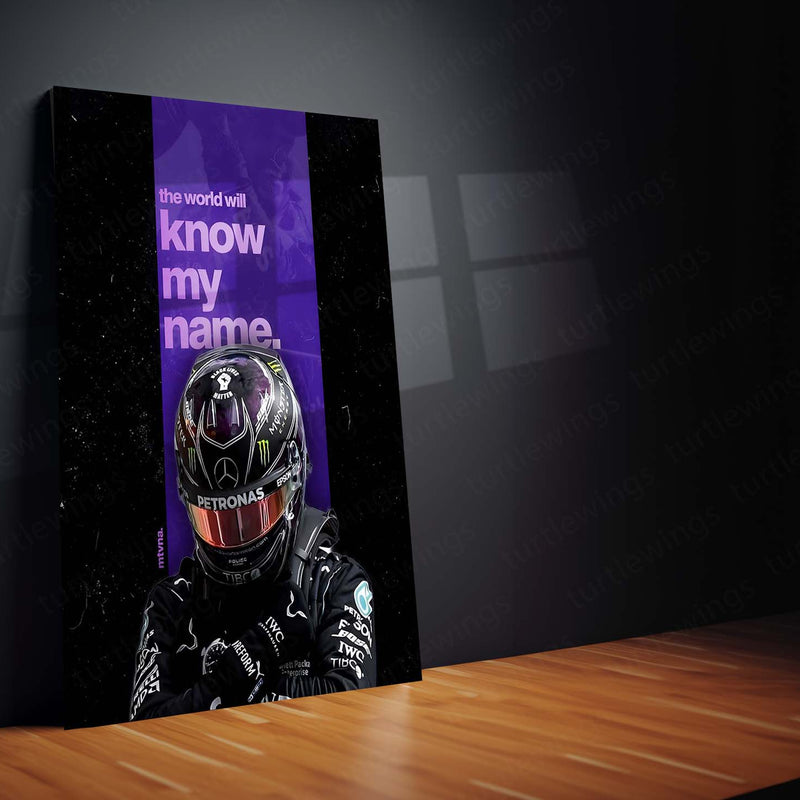 Quote Metal Poster | Lewis Hamilton – The World Will Know My Name Metal Frame Legacy Mindset & Relentless Drive Quote Wall Art | Formula 1 Iconic Motivation Metal Poster